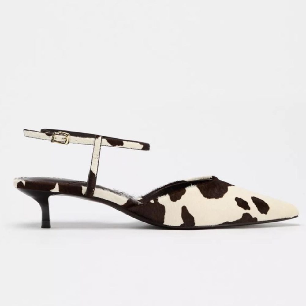 Zara Cow Print Fur Trimmed Leather Slingback Kitten Heels 38